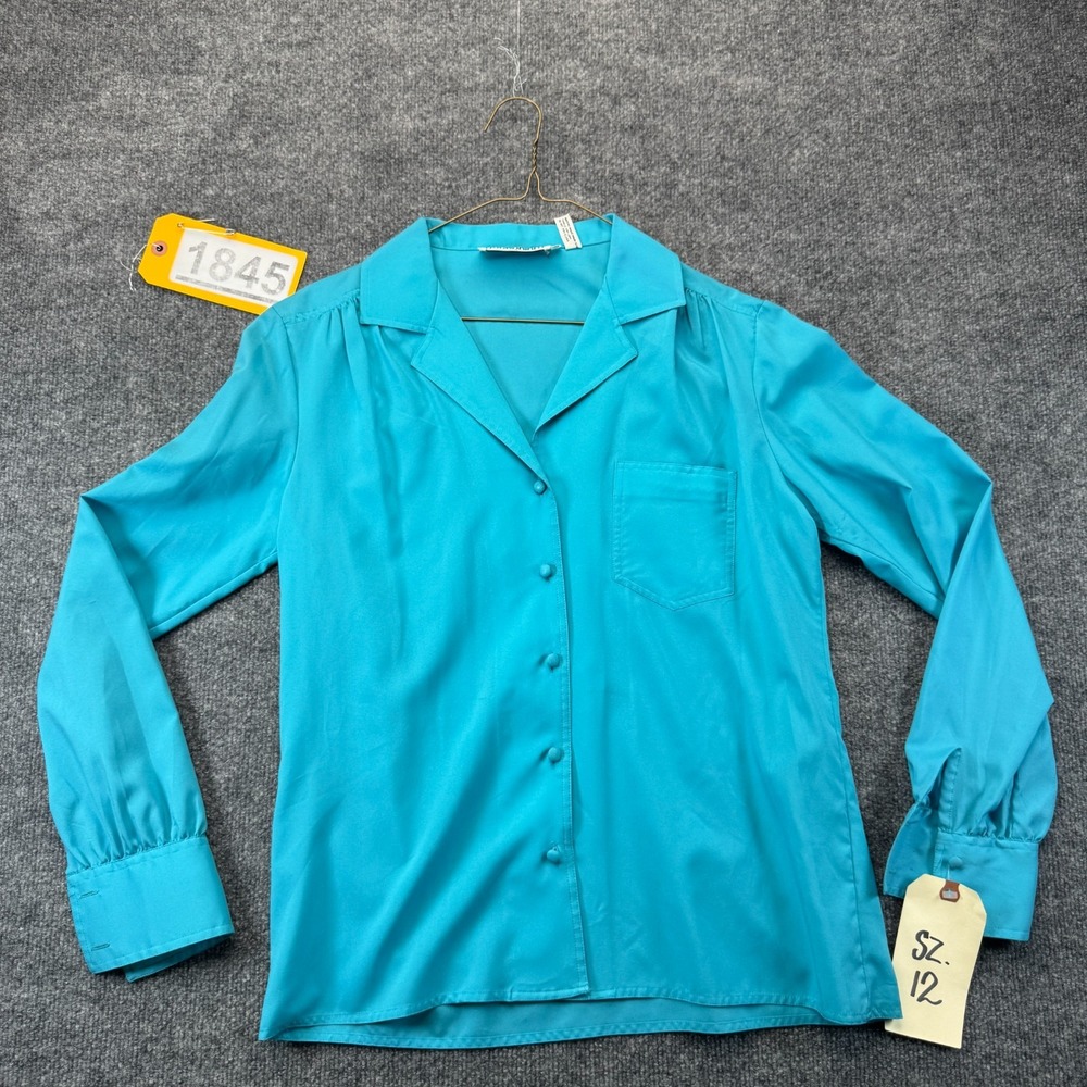 Vintage Josephine Shirt Top Women 12 Turquoise Blue Long Sleeve Collar Button Up